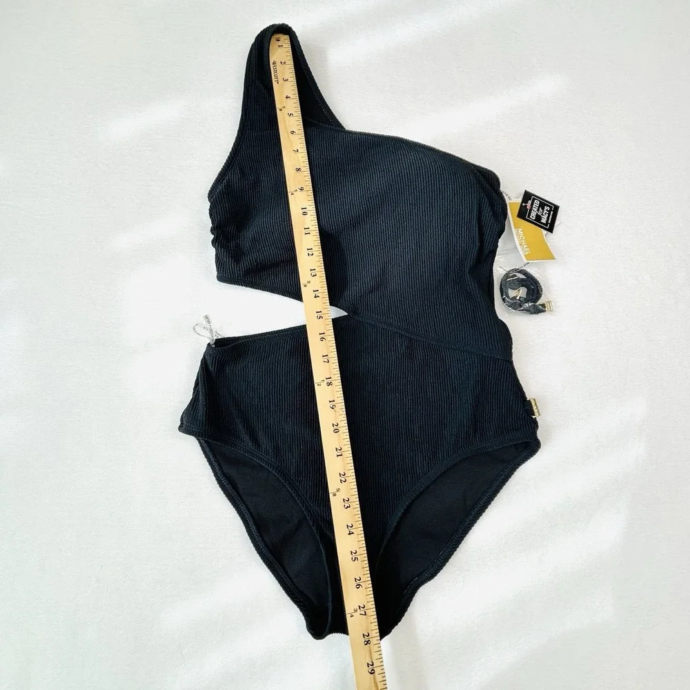 Michael Kors Black One-Shoulder Side-Cutout One-Piece Swimsuit Ribbed Texture 14